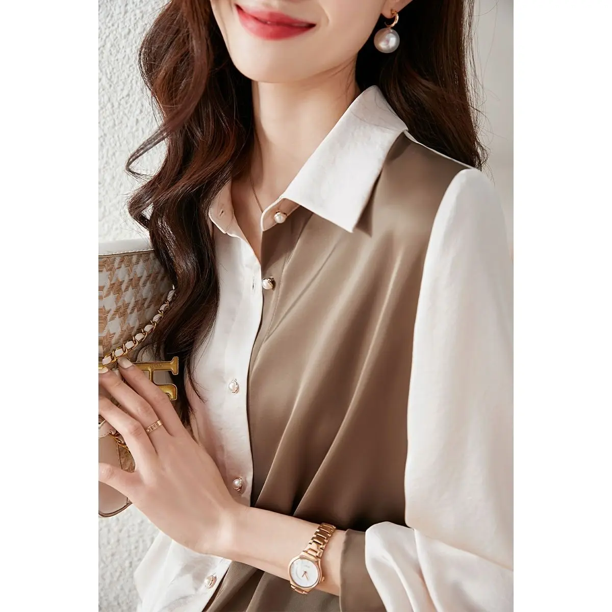 2024 New Chiffon Long Sleeved Shirt Women's Wear Hong Kong Style Color Blocking Elegance Fashion Outwear Casual Versatile