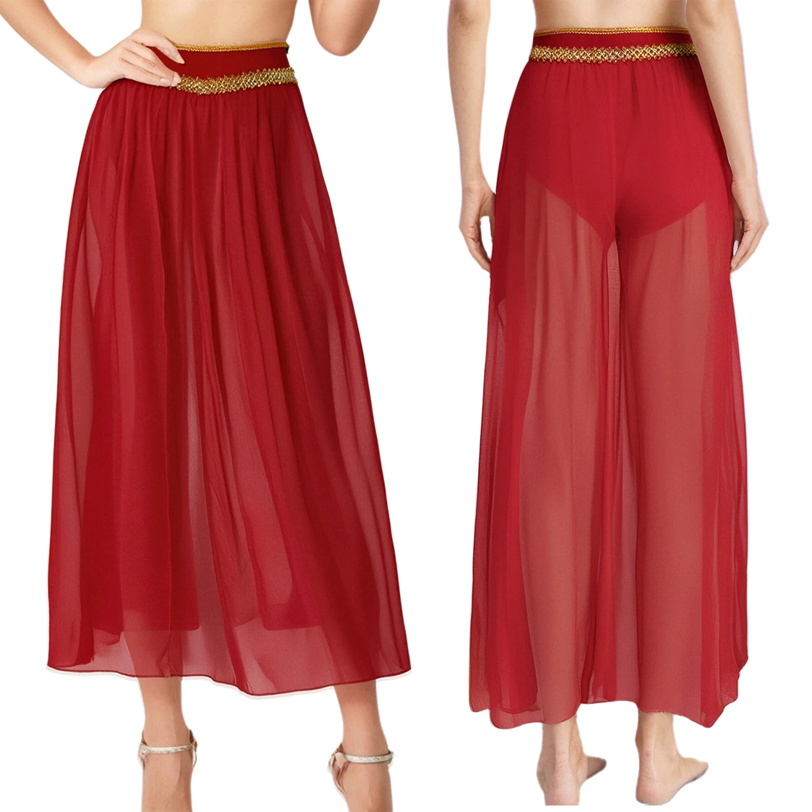 

Womens Belly Dance Skirt Arab Princess Halloween Cosplay India Dance Costume Gold Trim Built-in Briefs Slit Chiffon Long Skirt