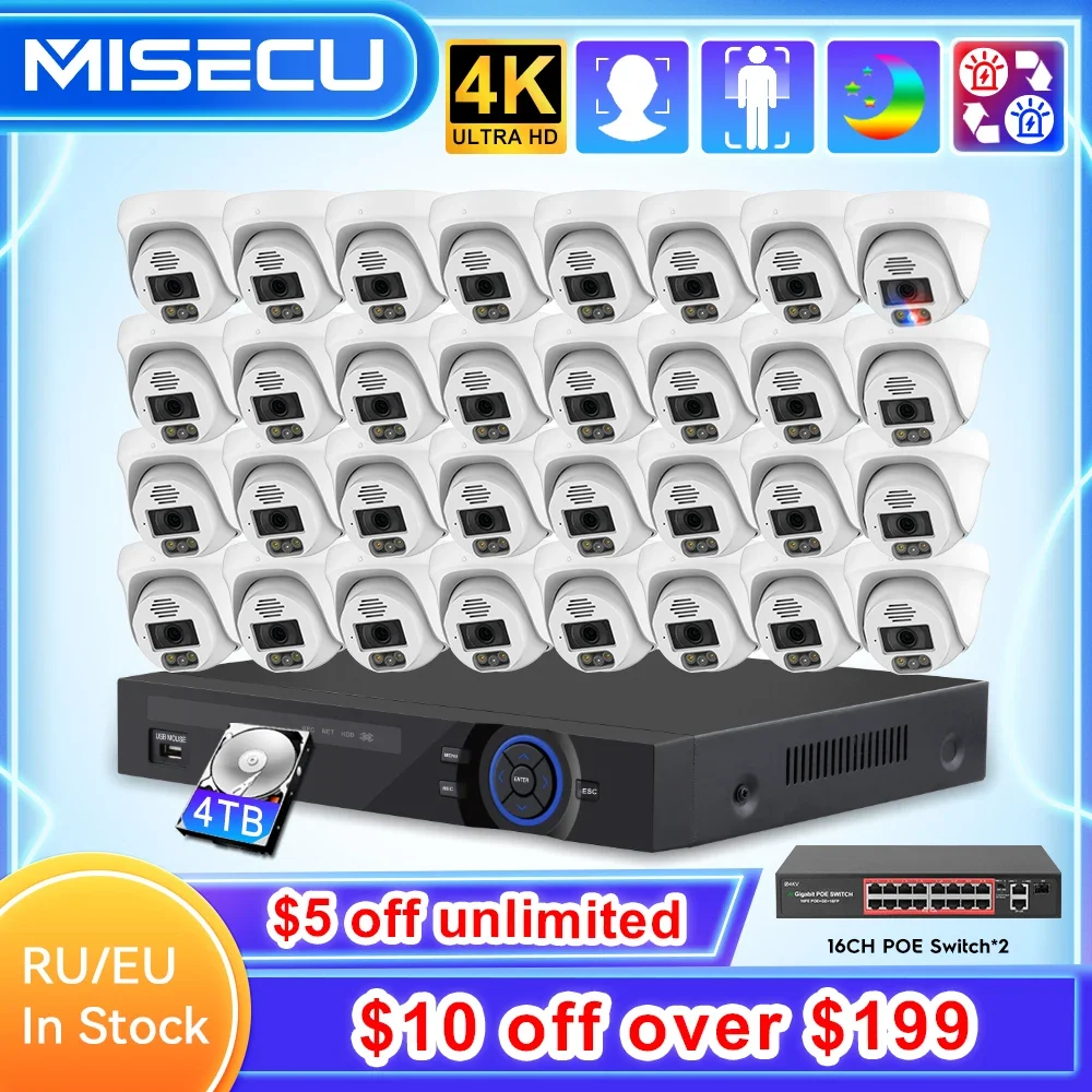 MISECU H.265 32CH 4K POE Dome Security Camera System Indoor Face Human Detect 8MP 5MP Record CCTV Surveillance Protection Kit