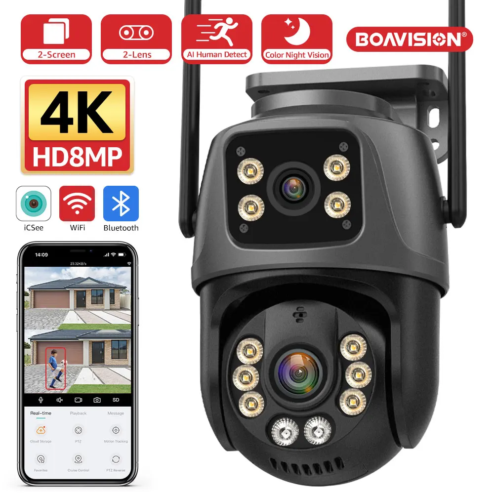 Wifi Cam Outdoor 8MP PTZ Human Detection Color Night Vision Security Protection Dual lens and Dual Screen Surveillance Cam