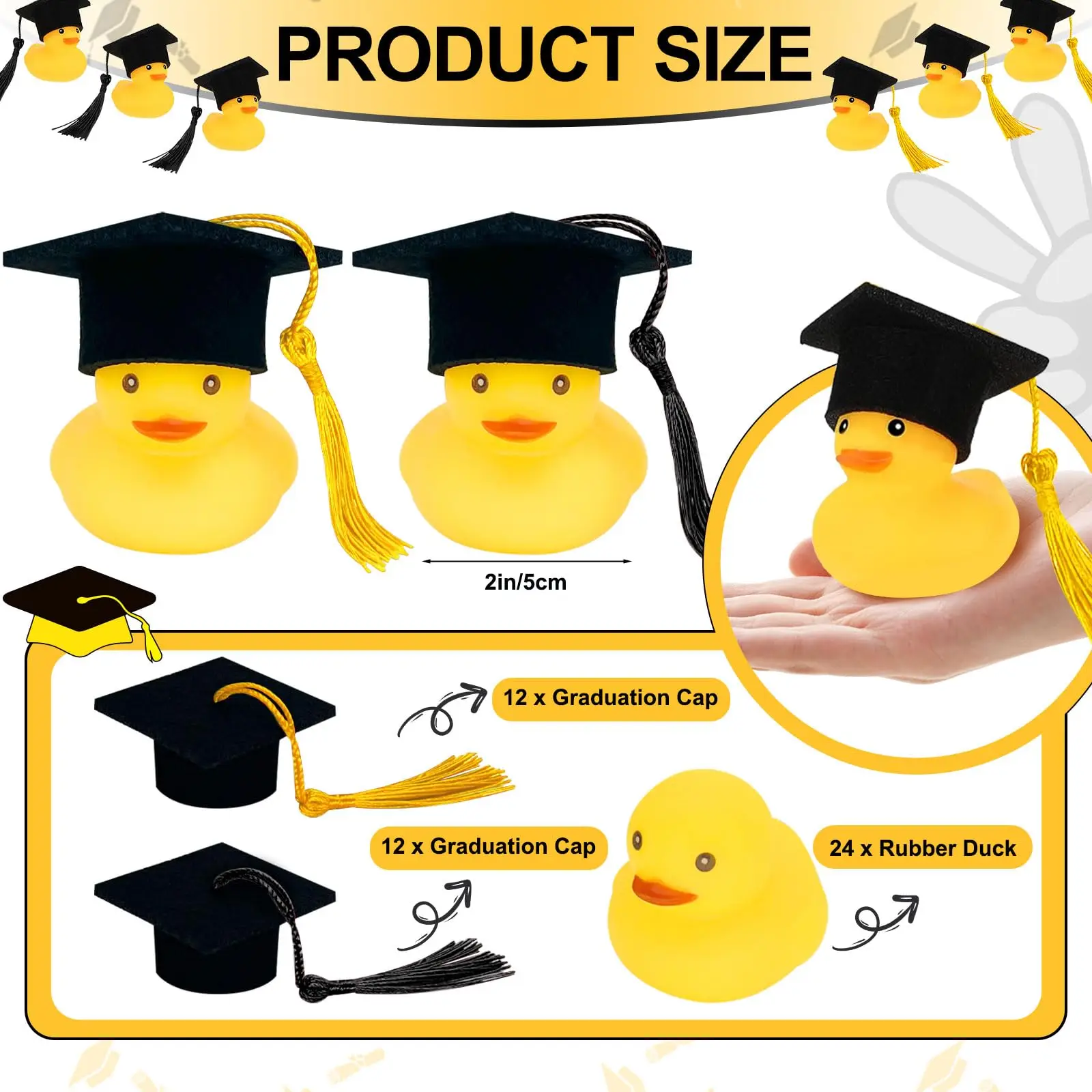 Graduation Duck Mini Grad Rubber Duck with Grad Tassel Cap/Certificate Gold Black Grad Duck Bulk for Pool Float Party Favors