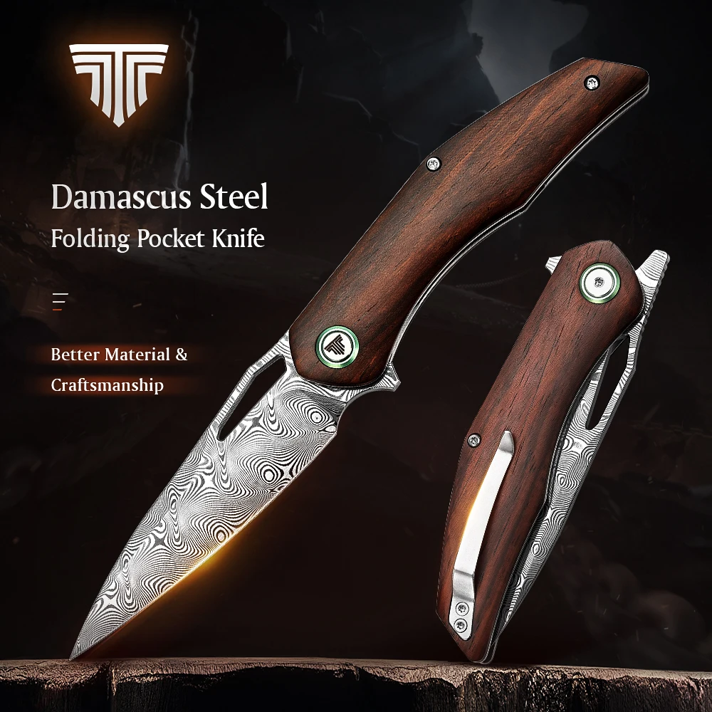 

TRIVISA Folding Pocket Knife for Men With Clip, Front Flipper EDC Knife.3.62'' Damascus Steel bladeI，Rosewood Handle &Ti Ring