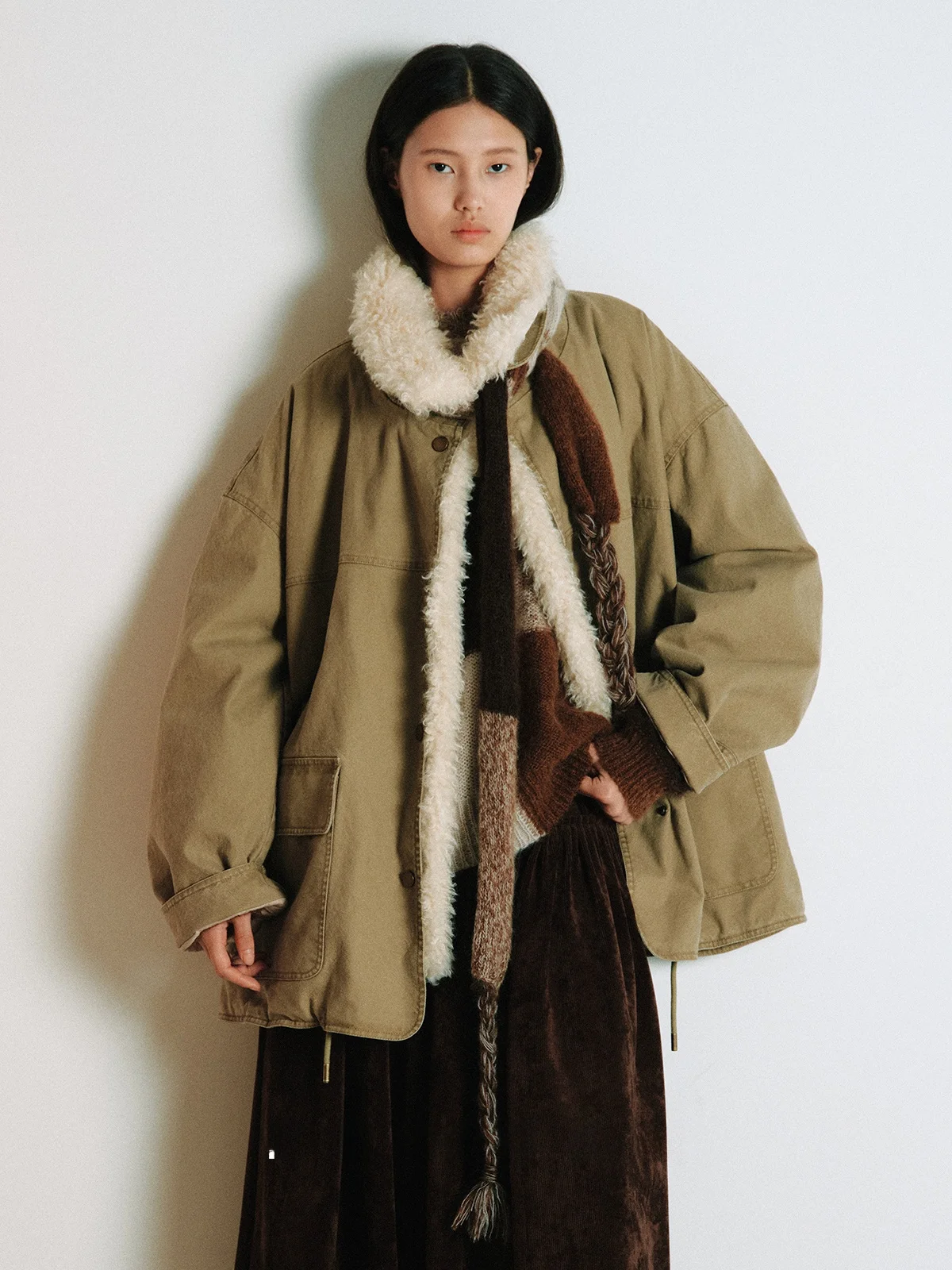 

Durable Heavy Waed Retro Detachable Fur Collar Parka Cotton Jaet Simple Sle Loose Fit Long Sve Single Button Closure