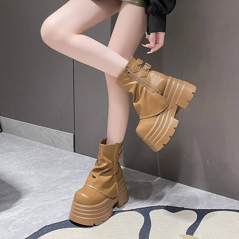 Aphixta 10cm Platform Ankle Boots Ancora Red Height Increasing Winter Women Shoes Plush Lining Thick Botton Sole Modern Boots