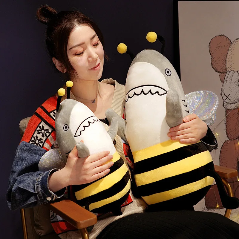 

35cm Cartoon Kawaii Shark Bee Pillow Plush Toys Creative Simulation Shark Bee Pillow Plush Doll Room Decorations Girls Gifts