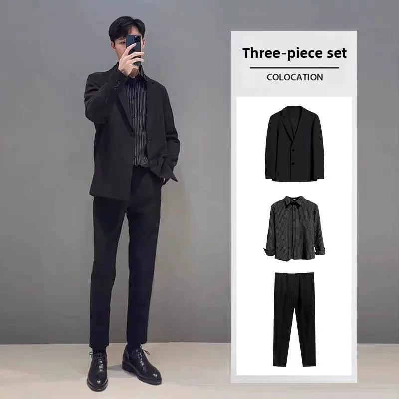 

Casual Tailored Men's Suit Set Autumn Faion Slim Fit Trendy Haome Small Western Sle Jaet Long Sve Pure Color
