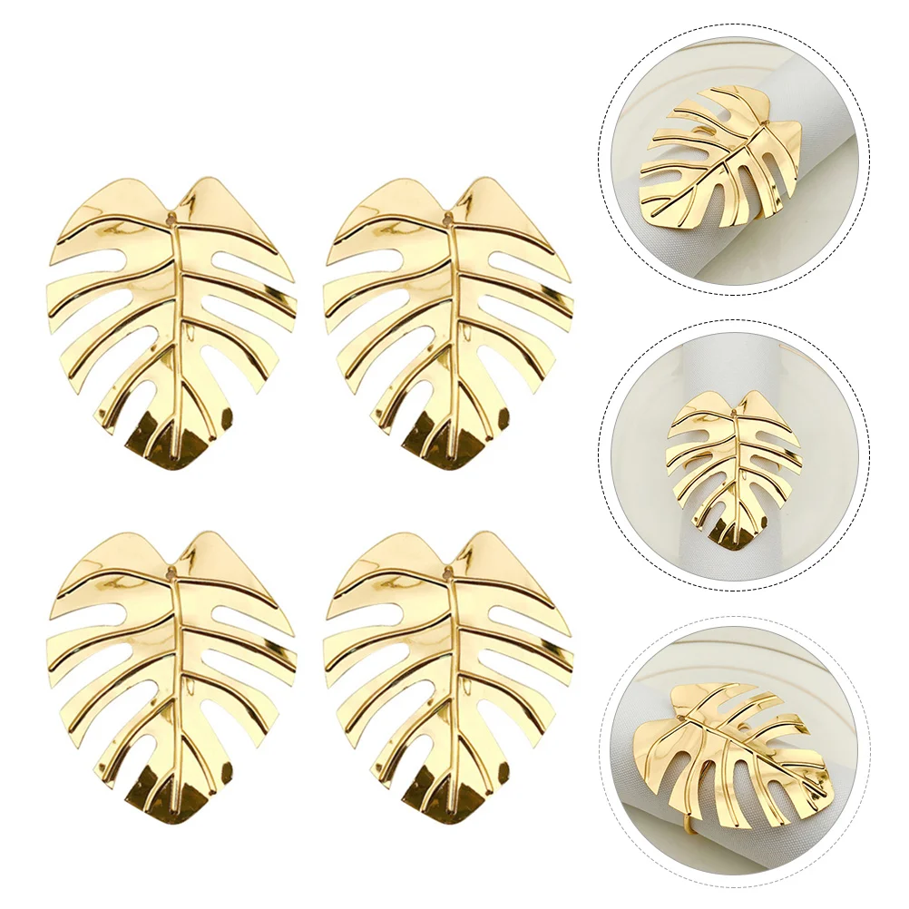 

4pcs Alloy Napkin Rings Decorative Banquet Party Wedding Hawaii Birthday Decoration Leaves Shaped Monstera Style Napkin Buckle