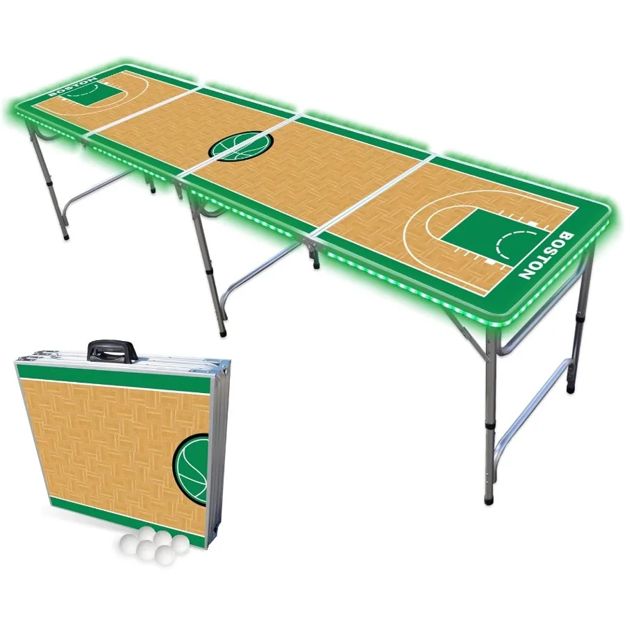 

8Foot Folding Portable Pong Table with Optional Cup Holes and LED Lights for Indoor Outdoor Recreation Ideal for Home Game Room