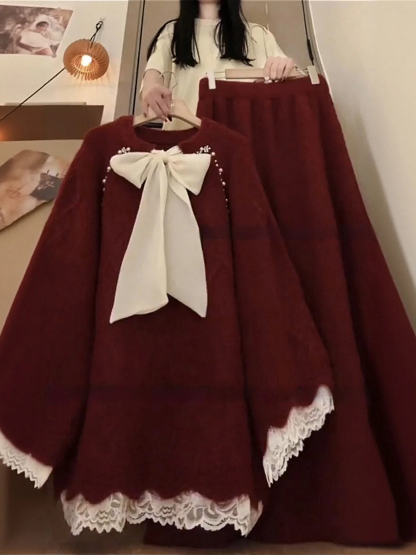 

Cisas New Year Knitted Sweater Skirt Set Women's plus Size Winter Faion Ensemble Casual Date High Waist round Ne Sweater