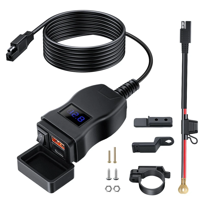 

A27Q-Motorcycle Usb Fast Cellular Charger Waterproof Type C Port Socket Connector With Cell Mobile Voltmeter Digital Charge