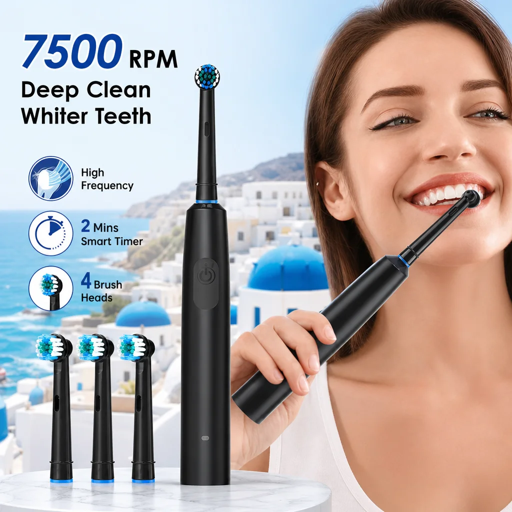 Rotating Electric Toothbrush for Adults 5 Modes 4 Brush Heads 7500RPM 30-Day Battery Life IP67 Waterproof 2-Min Timer USB Rechargeable Oral Care for Home Travel Black White
