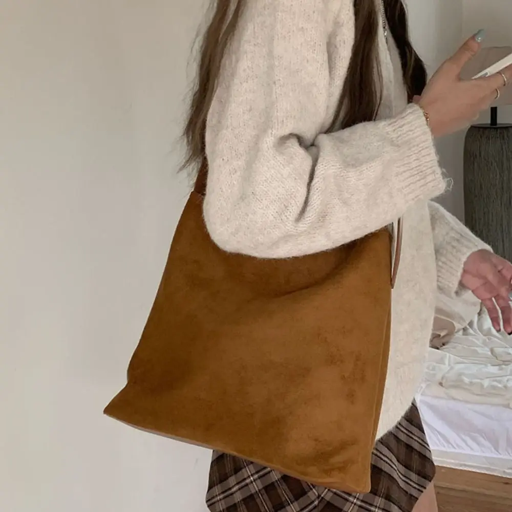 

Vintage Vintage Suede Bucket Bag Brown Handbag Matte Pu Leather Shoulder Bag Fashion Large Capacity Underarm Bag Streetwear