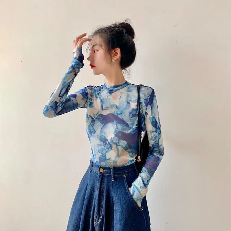 Small Niche Design Slim Fit Tie Dye Mesh Top Long Sleeved T-shirt Women\'s Thin Design Summer 2024 New Item