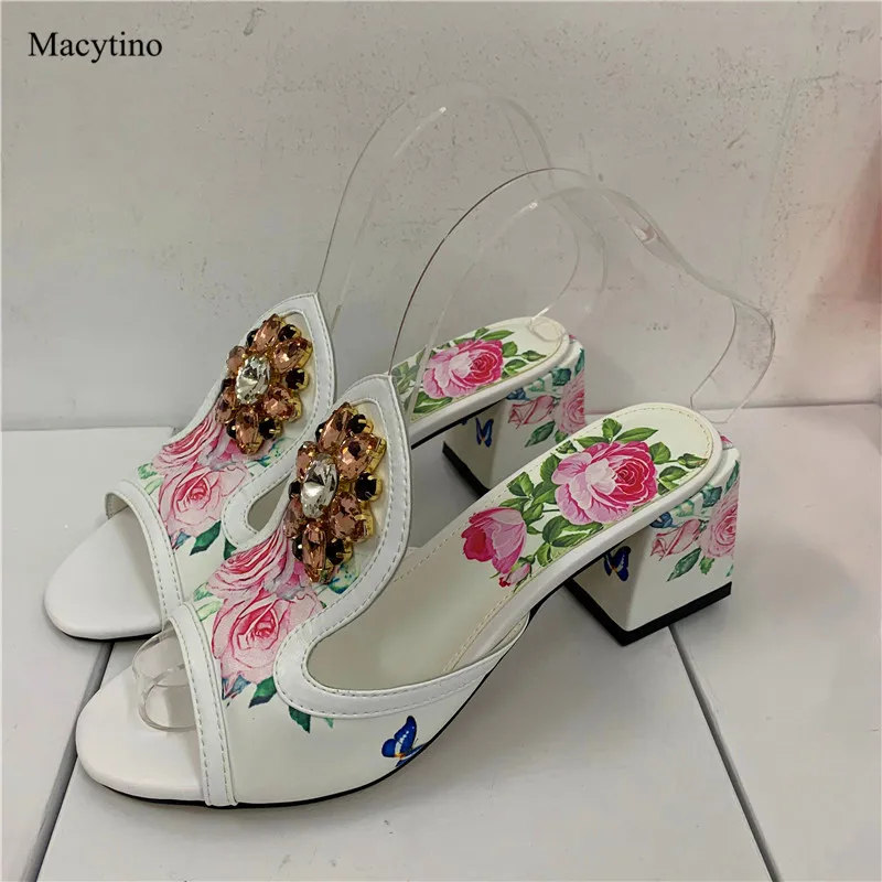 

Print Design Ladies Slippers Round Toe Rhinestone Flower Decor High Heel Chunky Heel Summer Fashion Party Sandals