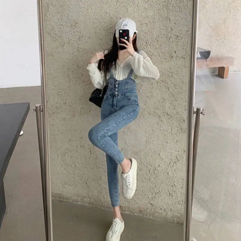 Cintura alta estiramento jeans magros macacão feminino primavera novo estilo coreano macacão reto