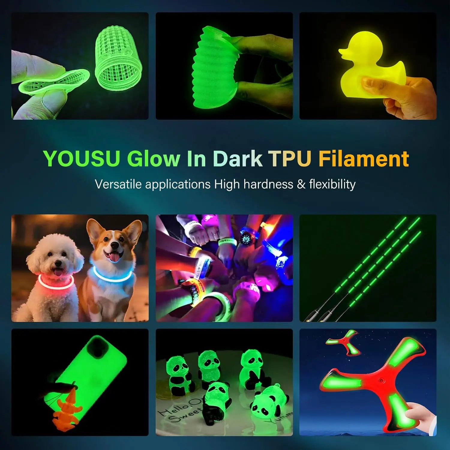 Glow in The Dark TPU 3D Printer Filament Bundle, 1.75mm 95A TPU, Blue,Green,Yellow,Purple 250g*4 Pack.