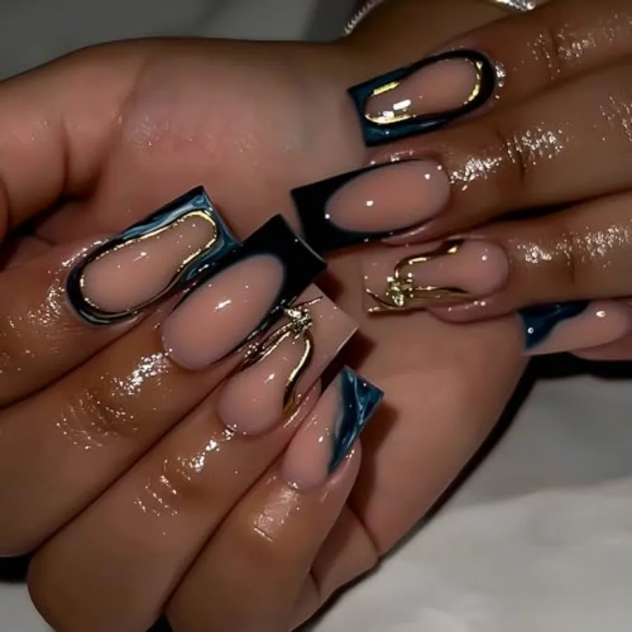 

Long Square Press on Nails French Tip Fake Nails Gold Ombre False Nails with Designs Sparkly Artificial Nails Long Nail Press o