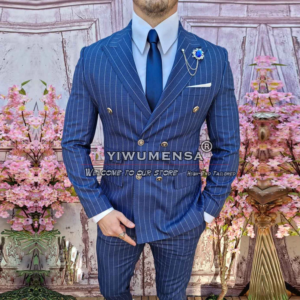 

Pale Navy Suits Men Double Breasted Jacket Pants 2 Pieces Business Office Tailored Classic Stripes Groom Wedding Tuxedos Blazer