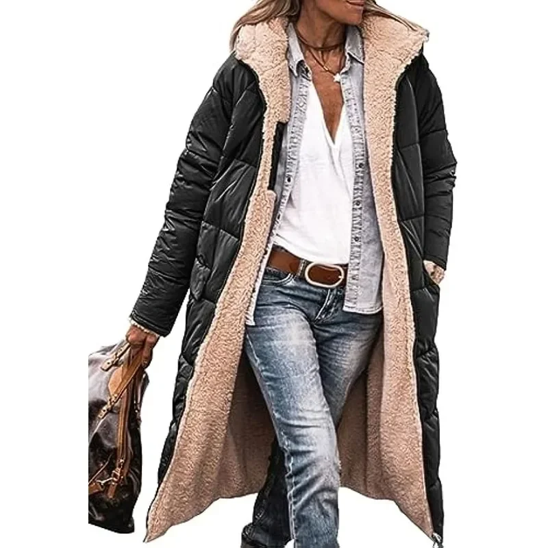 Women\'s  Warm Winter Coats Reversible Fleece Long Hooded Puffer Jackets Outerwear