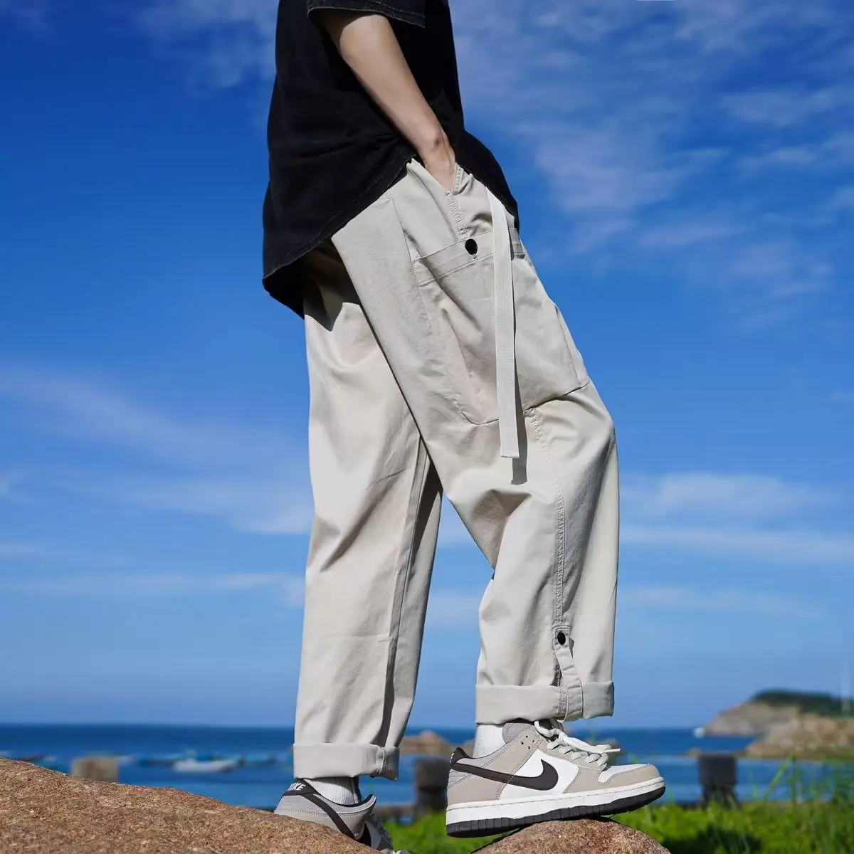 

HOUZHOU Wide Leg Cargo Pants Male Japanese Khaki Outdoor Loose Casual Trousers Big Size Harajuku Korean Streetwear Hip Hop