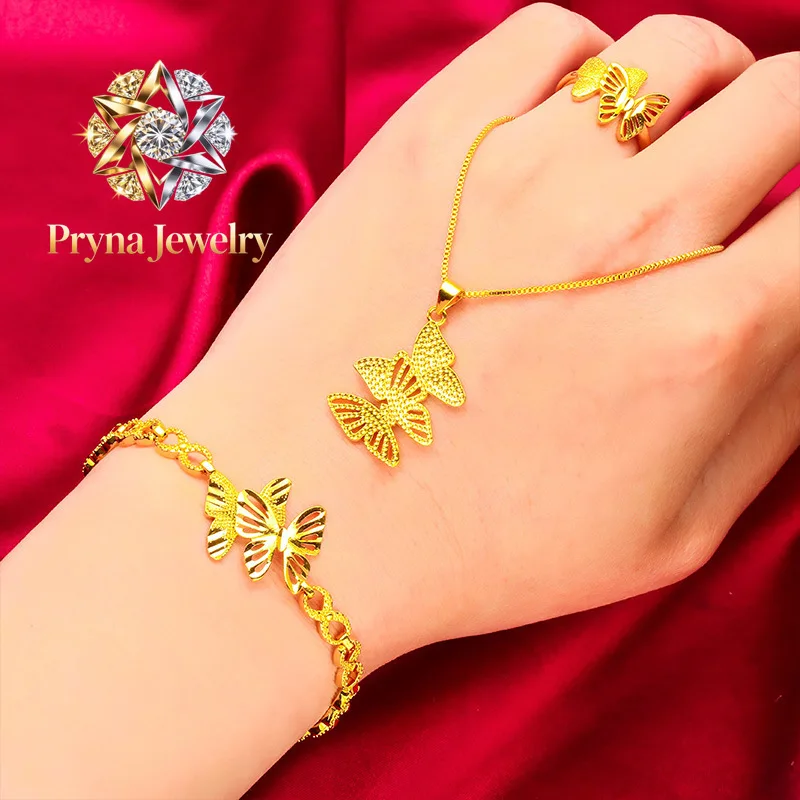 Pryna Jewelry   24K Gold Bowknot Jewelry Set | AU999 Pure Gold, matching bracelet, necklace, and ring, 3D bowknots for a sweet a