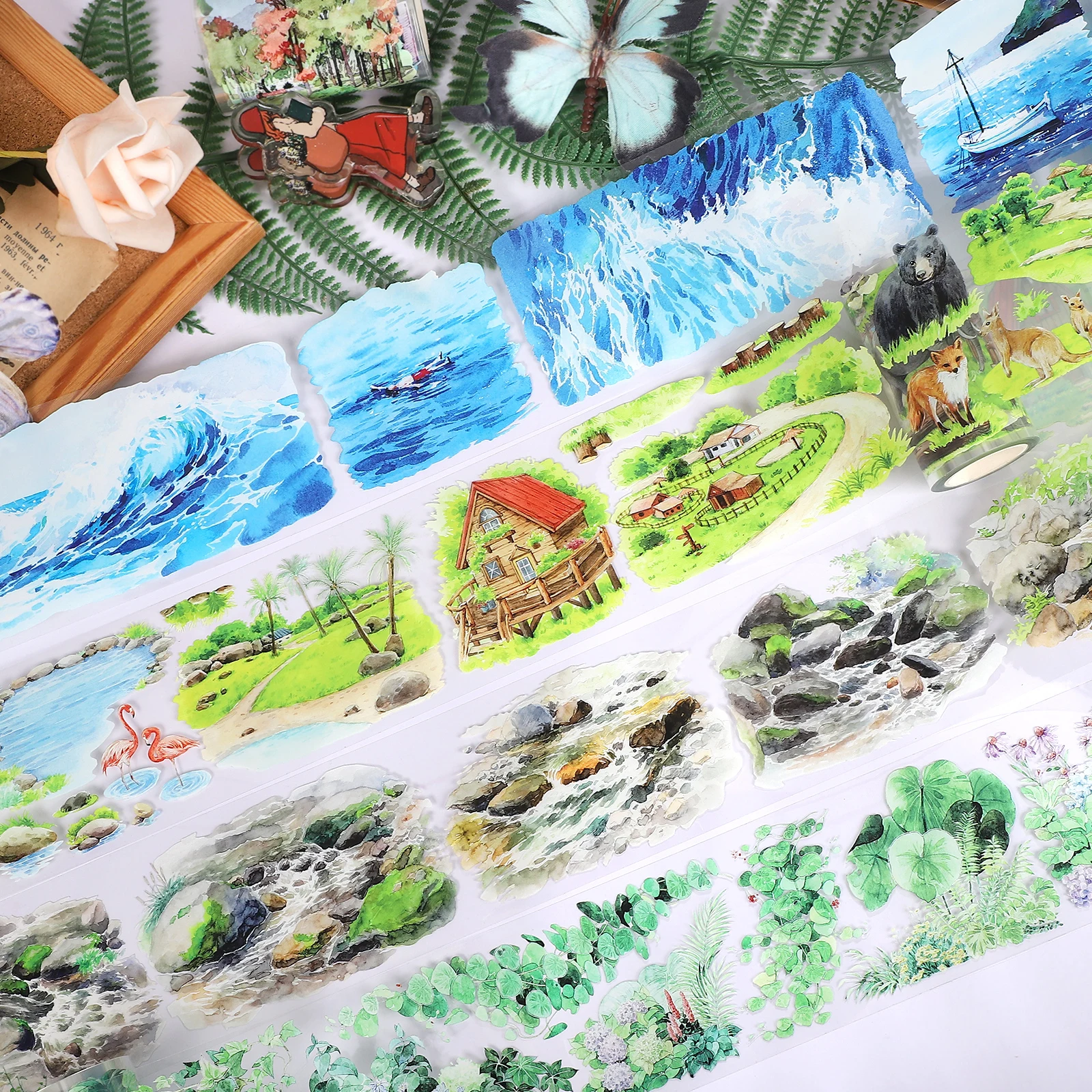 Vintage Foresta Pianta Casa Mare Alba Paesaggio Nastro in PET Creativo Diario fai da te Materiale Collage Scrapbook Cancelleria