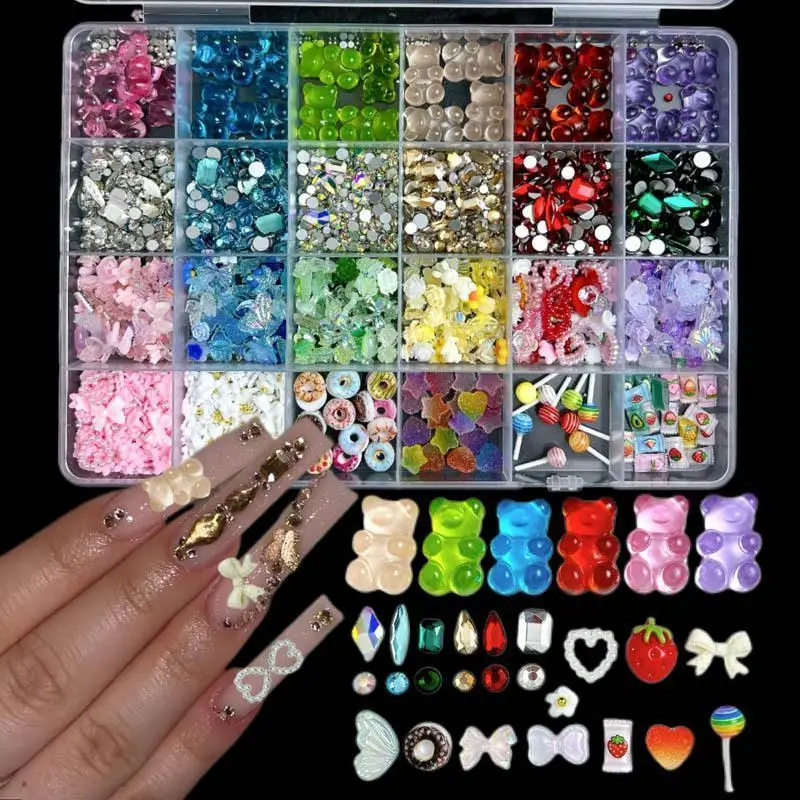 1Box Irregular Colored Flatback Nail Rhinestones Charms Multiple Styles Candy Flowers Donut Mixed Nail Art Decorations DIY Nails