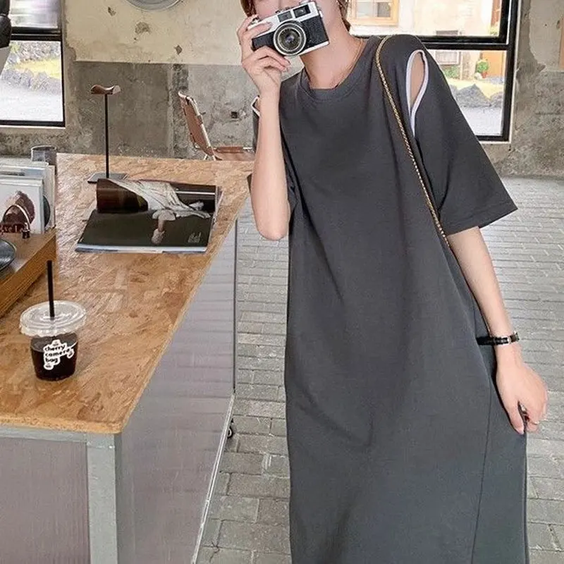 Casual Loose Solid Color Dresses 2024 Summer Short Sleeve Stylish Hollow Out Women\'s Clothing Round Neck Korean Split Long Dress