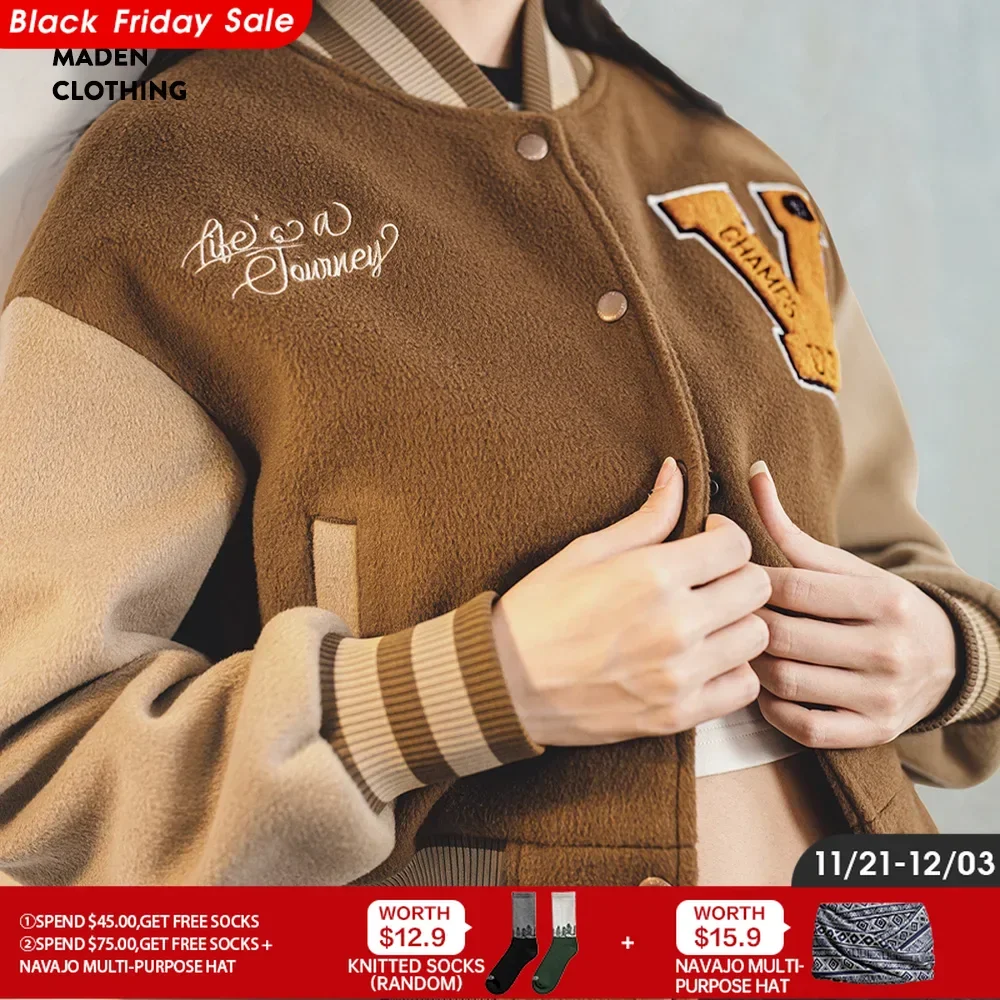 Maden Vintage Collegiate Baseball Jacket with Letter Embroidery Woolen Thicker Short Versatile Coat for Women's Fall and Winter