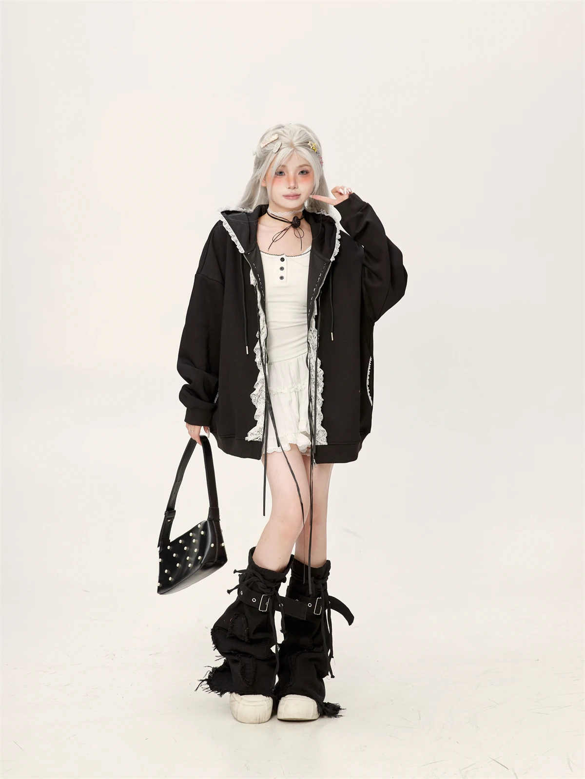 Lace Bow Zipper Gray Sweatshirts Jacket Women's Spring and Autumn 2025 New Hooded Long Sleeve Cardigan Top Oversized Hoodie