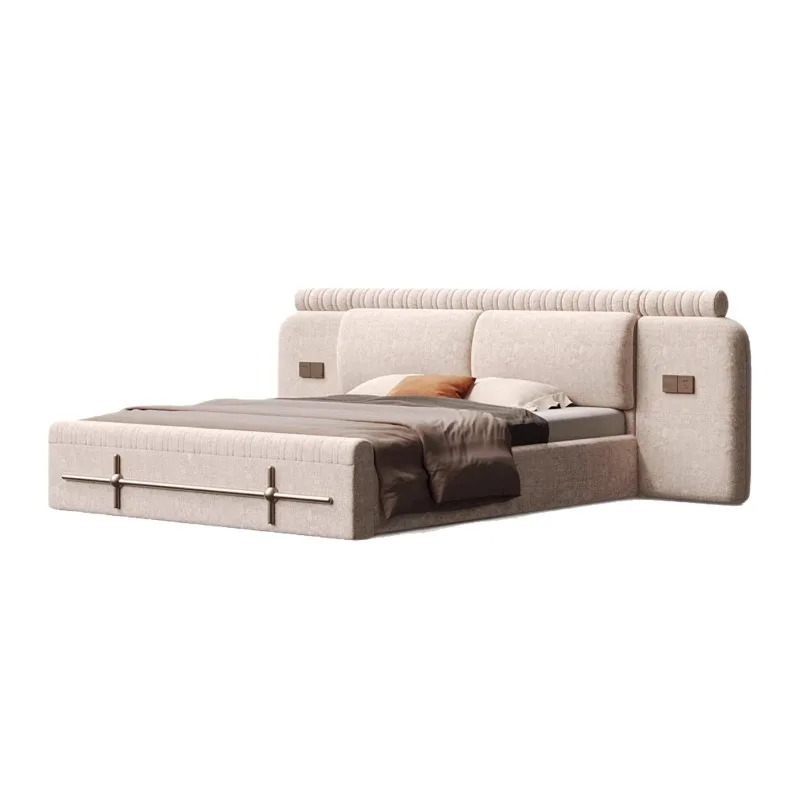 Fabric bed, villa retro master bedroom cotton and linen soft bag bed, widescreen bed