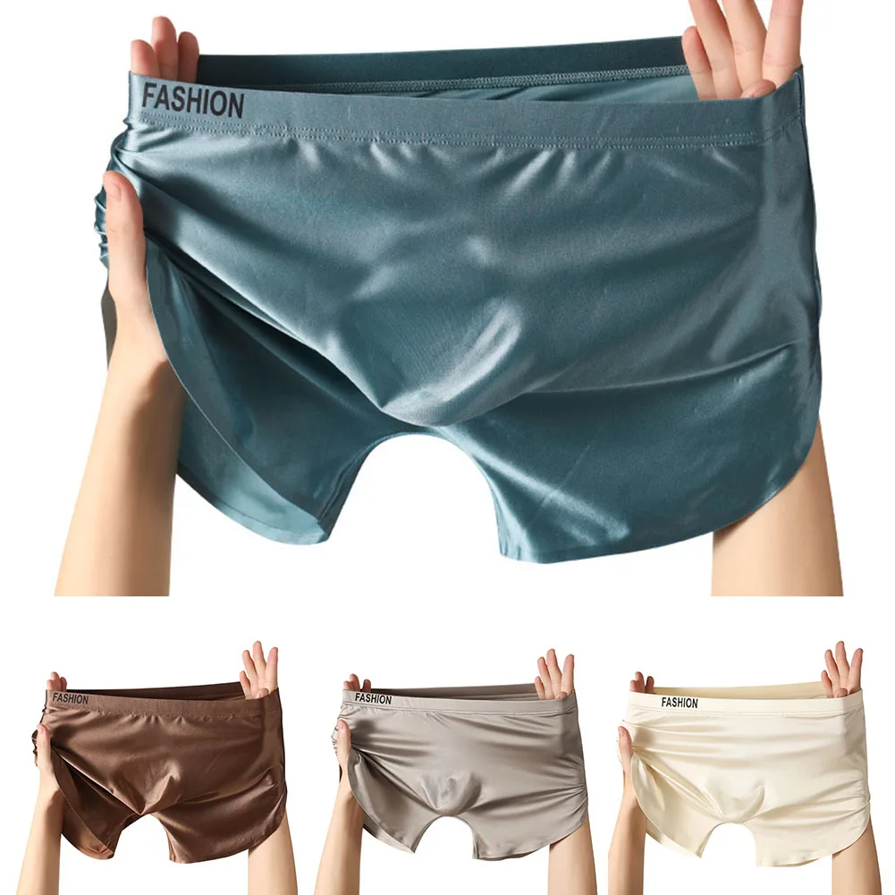 For Male Satin-like Pouch Seamless Boxers Sleepwear Everyday Use Ice Silk Seamless Underwear For Men Solid Pattern