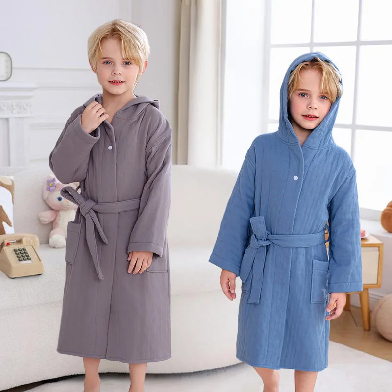 Children Winter Pure Cotton Bathrobe A Class Fabric  Soft Comfortable Adjusted Belted Sleepwear Kids Homewear 6-14Y