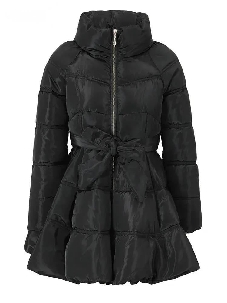 Abrigo acolchado de algodón con lazo negro para mujer, parka holgada de manga larga, tendencia de moda, otoño e invierno, 1DH5282, 2024