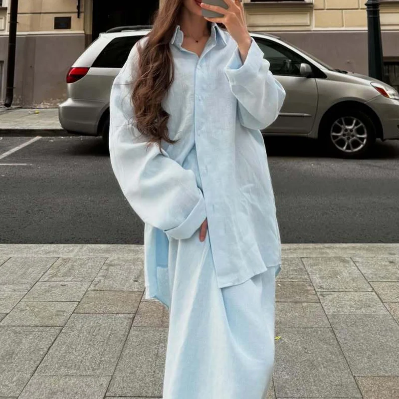Fashion Lapel Collar Shirt & Long Skirts Sets Casual Long Sleeve Commute Outfits Women Elegant Button Solid Loose 2 Piece Suits