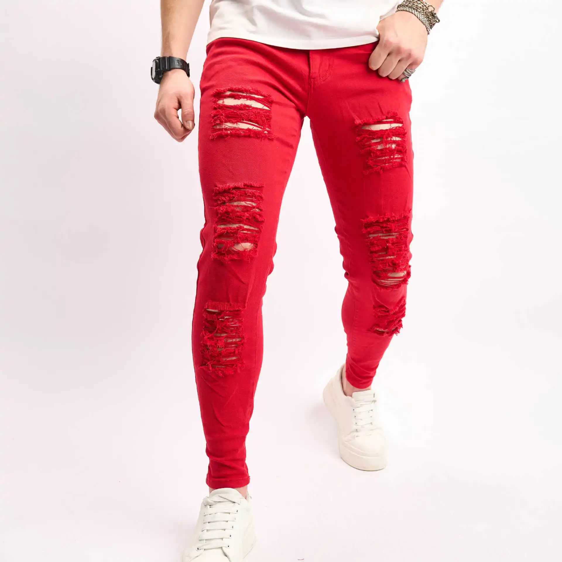 

Men's Casual Skinny Jeans Red Color Slim Fit Cotton 00% Autumn Season Long Pants Zipper Closure Comfortable Straight Leg Jeans