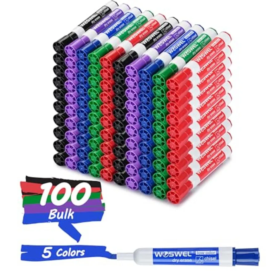 

Маркеры для сухого стирания с долотообразным наконечником, маркеры для белых досок, с низким запахом, толстые, 100 штук, 5 разных цветов: черный/синий/красный/зеленый/фиолетовый