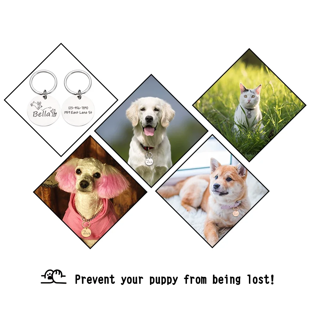 Personalized Cat Dog ID Tag Name with Cute Symbols Engraved Front and Back for Custom Pets Collar Anti-Lost Metal Charm