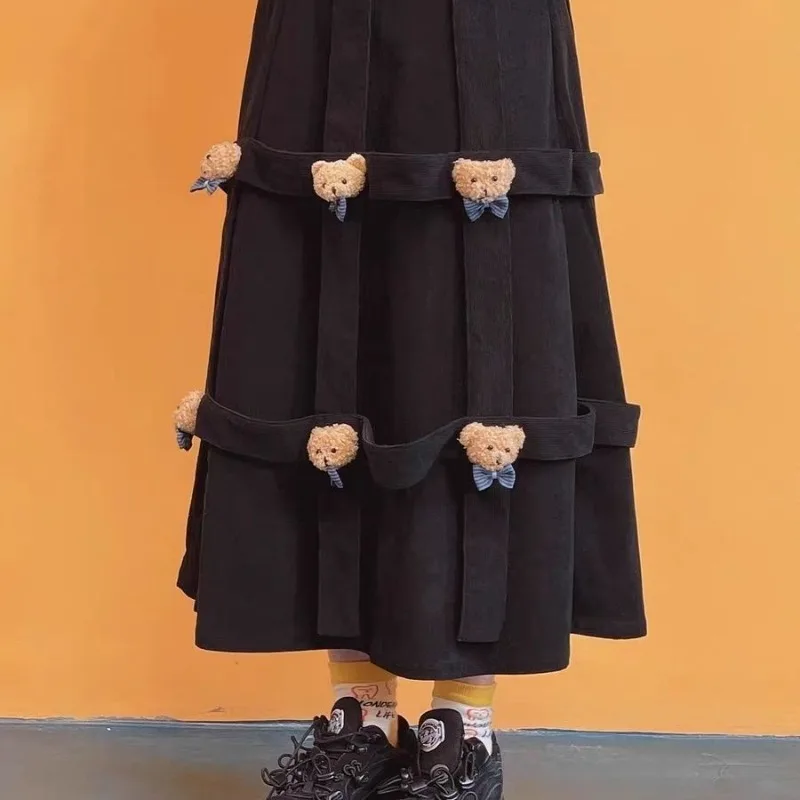 Autumn Winter Cute Bear Black Corduroy Maxi Skirt Japanese Mori Girl Style Kawaii Loose High Waist A-line Long Skirts for Women