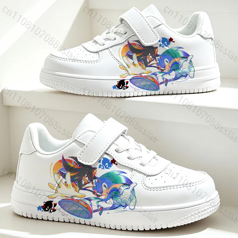 S-Sonics Cartoon Print Kids Sneakers PU Leather Children Casual Shoes Boys Girls White School Walking Footwear
