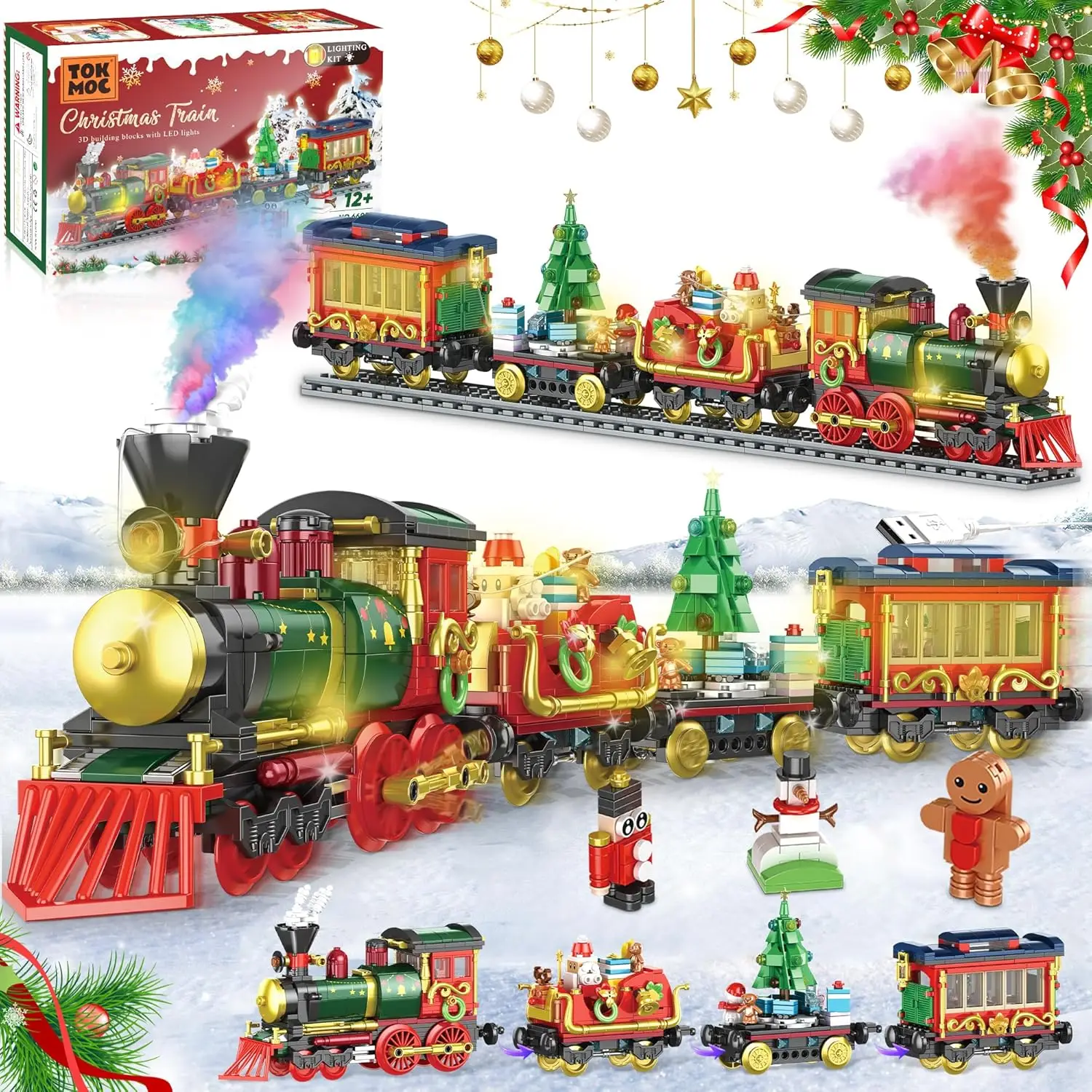 

Christmas Train Building Blocks Set, Christmas Train Building Bricks Toys with LED Lights, Christmas Tree, Christmas Building Ki