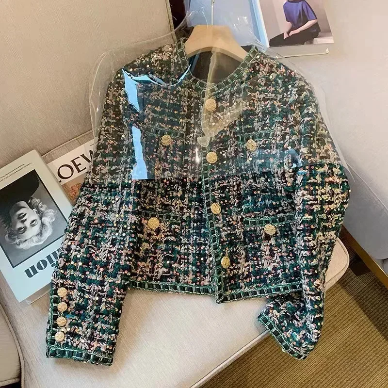 

French Vintage Small Fragrance Jacket Women Spring Autumn Casual High Quality Casual Loose Dark Green Tweed Long Sleeve Coat