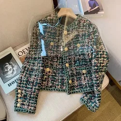 French Vintage Small Fragrance Jacket Women Spring Autumn Casual High Quality Casual Loose Dark Green Tweed Long Sleeve Coat