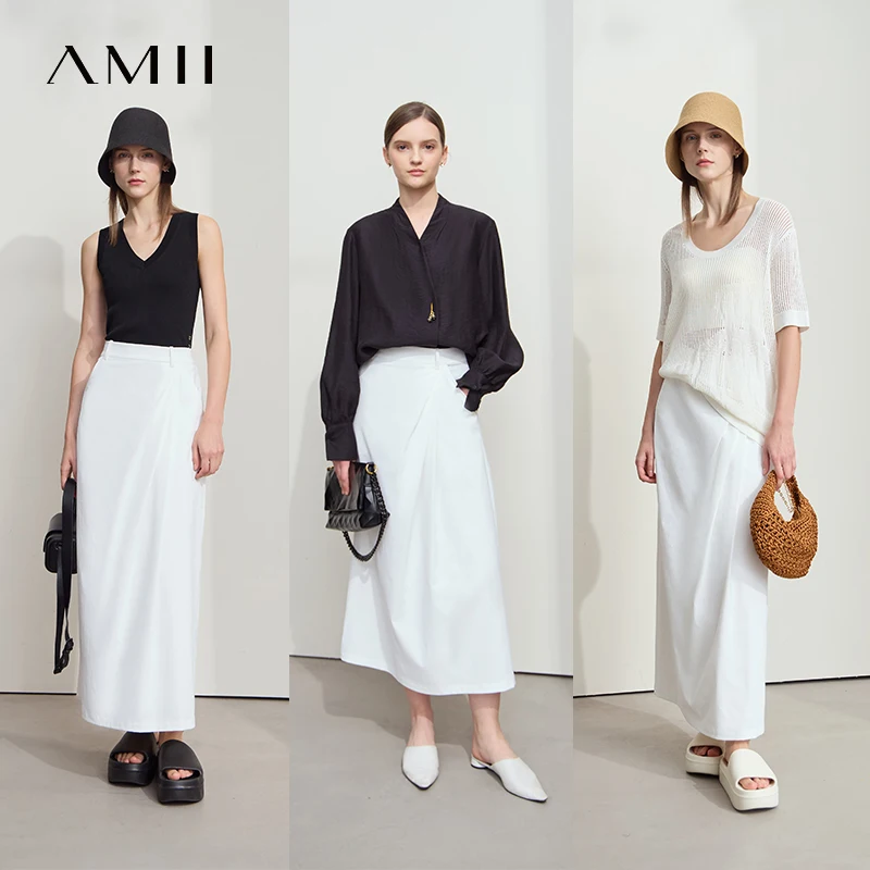 Amii Minimalismus 2025, neue lange Röcke für Frauen, Sommer, Berufung, schwarz, plissiert, elegant, Bürodame, Pendeln, lockerer Rock 12542102