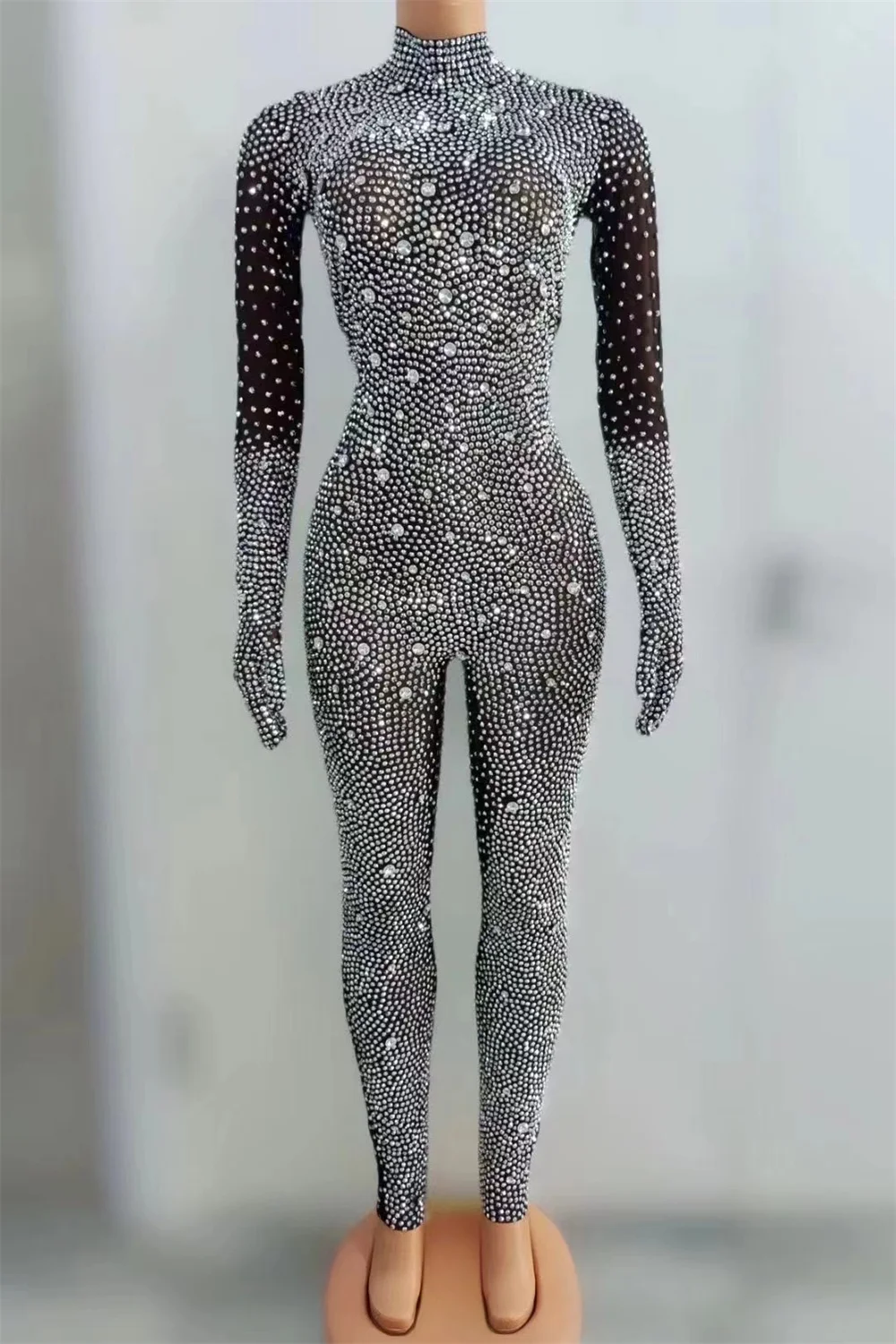 Tuta da discoteca da donna con strass Tuta sexy da ballo Gogo Tuta elastica a maniche lunghe con guanto Costume glitter di lusso yj014