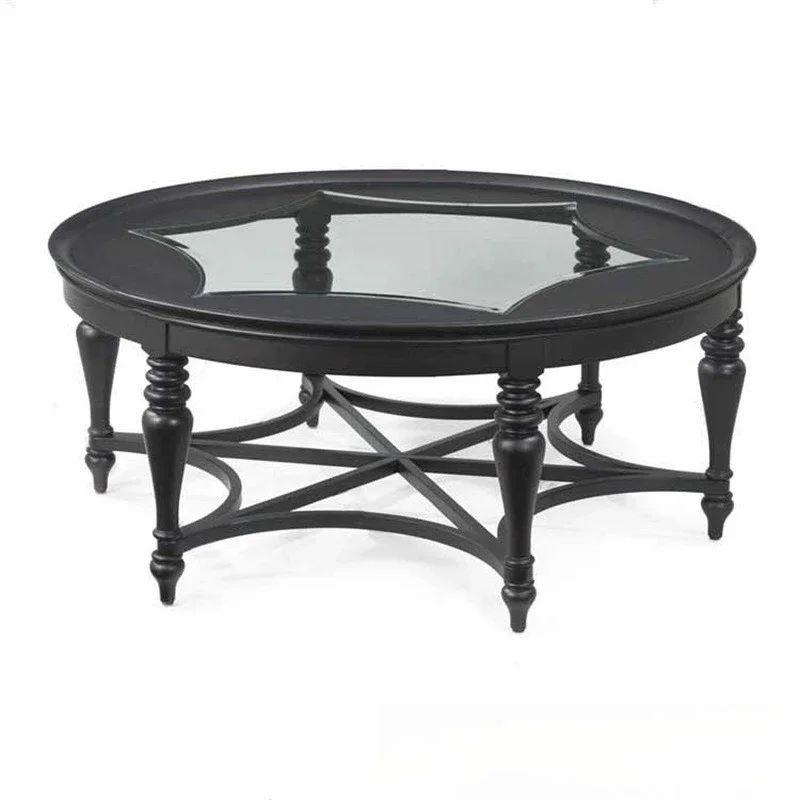American solid wood coffee table, living room ivory white old retro tea table round glass coffee table