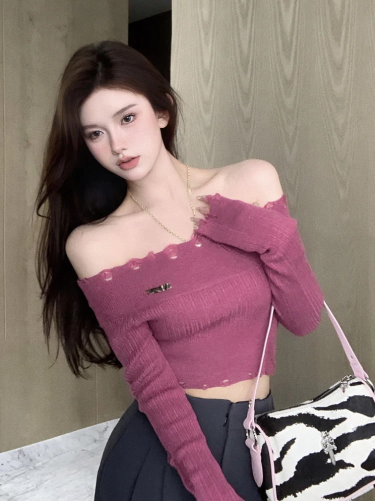 Woherb Sweet Ripped Y2k Sweater Women Sueter Mujer Off Shoulder Crop Top Jumper Casual Knitted Pullovers Tops Korean Pull Femme