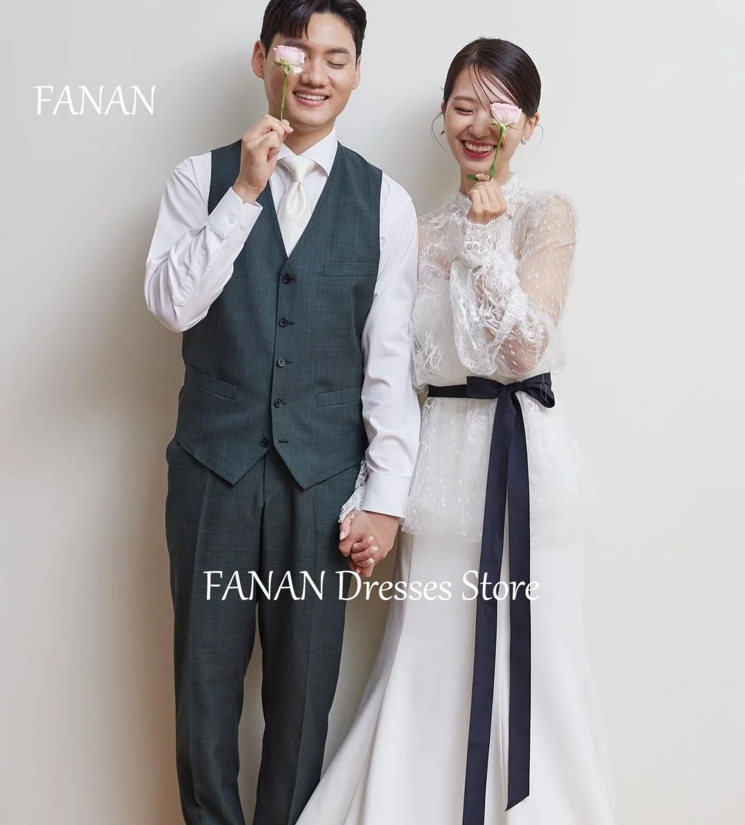 

FANAN Korea Ivory Two Pieces Wedding Dresses 웨딩드레스 Long Sleeves Satin Sheath Lace Simple Custom Made Bride Gowns Plus Size