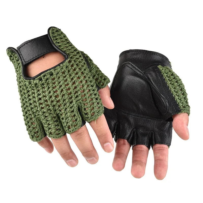 Leather Mesh Fingerless Gloves Motocross Fishing Net Car Driving Tactical Gloves Motorcycle Cycling Men\'s Gloves