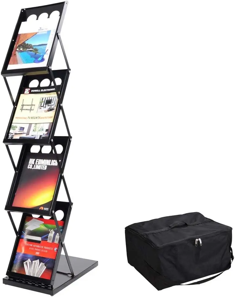 Pop Up 4 Pocket Foldable Magazine Brochure Rack Book Literature Holder Tradeshow Display Stand w/Carrying Bag